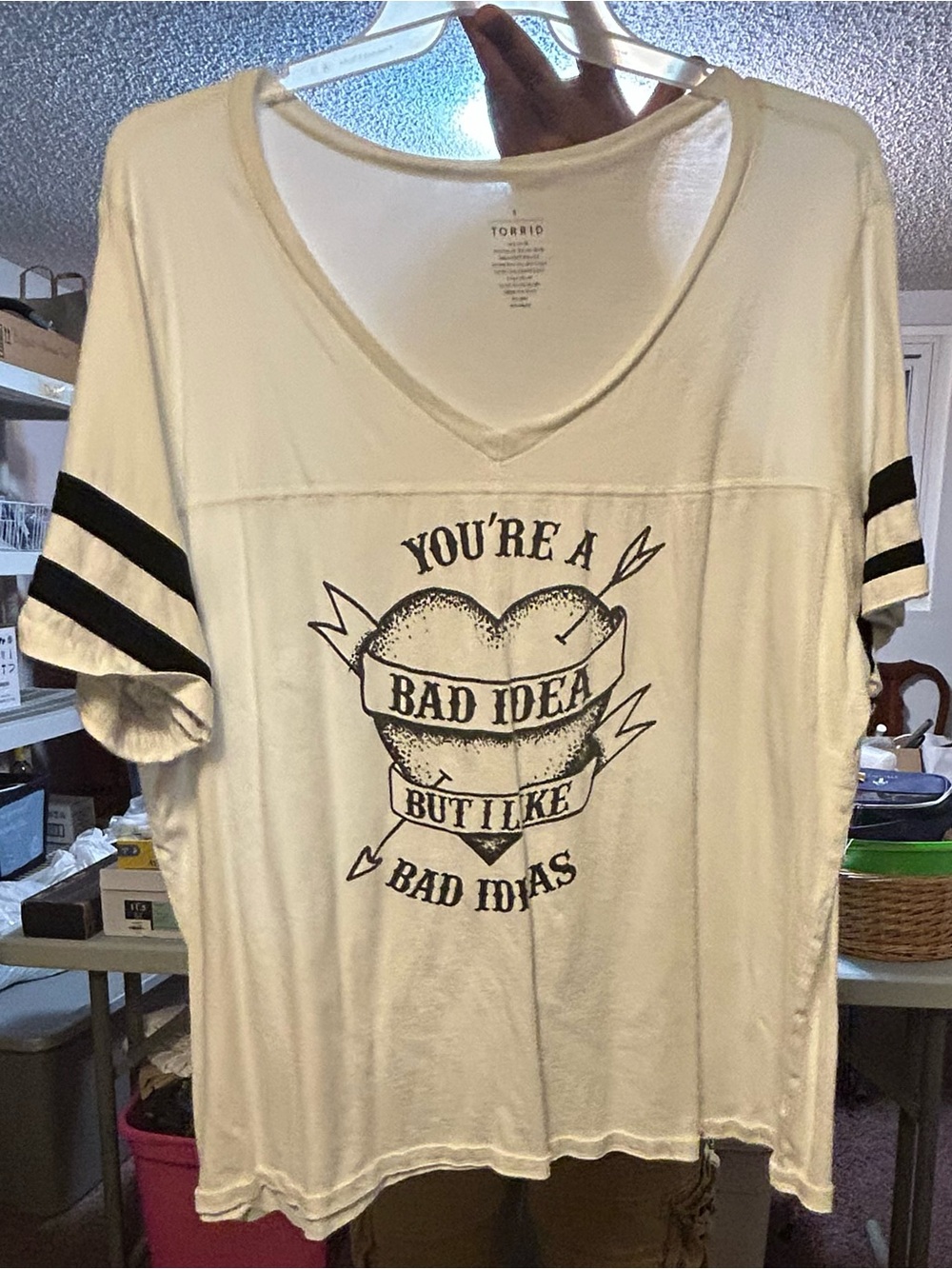 torrid White V‑Neck Graphic Tee with Black Sleeve Stripes